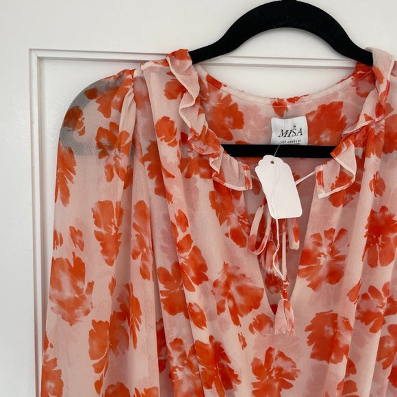 Misa Los Angeles Lorena Long Sleeve Mini Dress Orange Floral Ruffle Chiffon XS - Picture 4 of 10